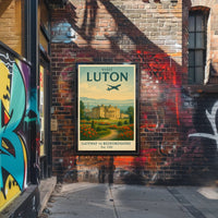 Luton Travel Poster with Vintage Mansion and Airplane Silhouette PosterGoat