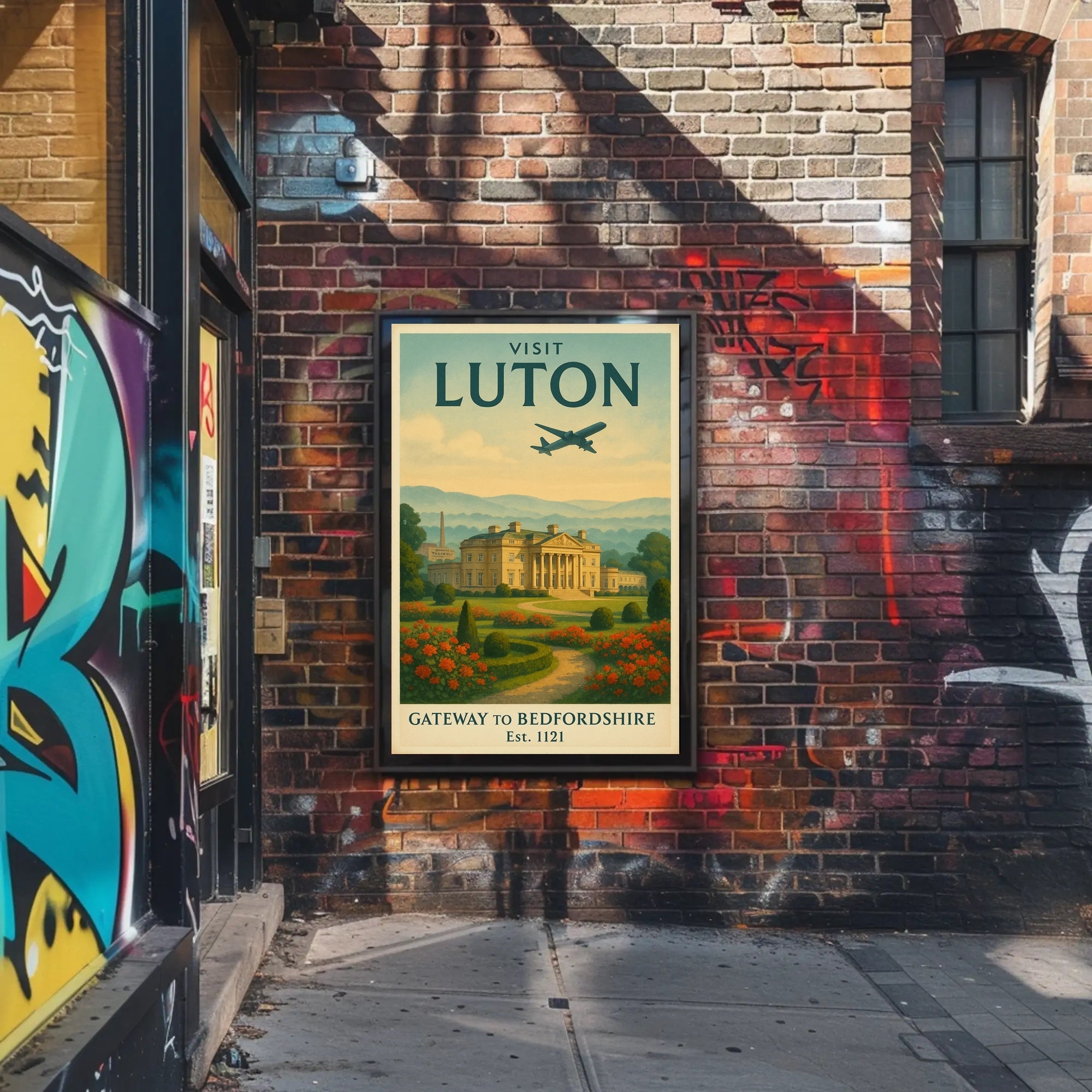 Luton Travel Poster with Vintage Mansion and Airplane Silhouette PosterGoat