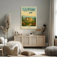 Luton Travel Poster with Vintage Mansion and Airplane Silhouette PosterGoat