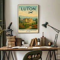 Luton Travel Poster with Vintage Mansion and Airplane Silhouette PosterGoat