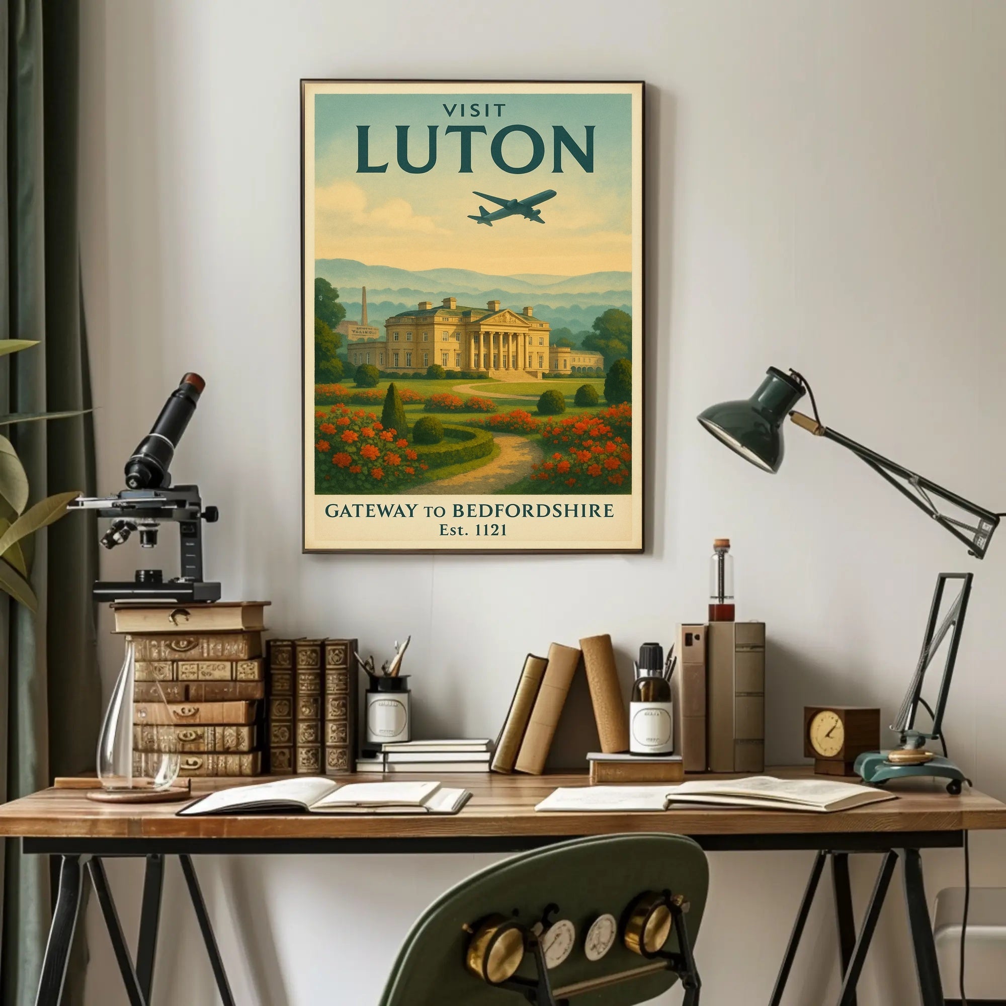 Luton Travel Poster with Vintage Mansion and Airplane Silhouette PosterGoat