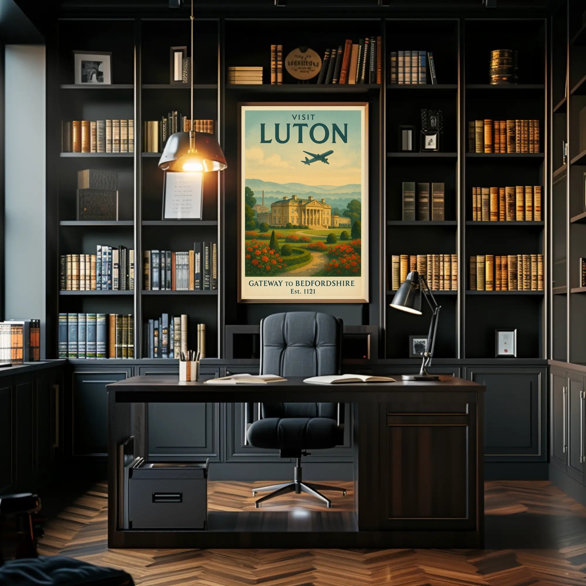 Luton Travel Poster with Vintage Mansion and Airplane Silhouette PosterGoat