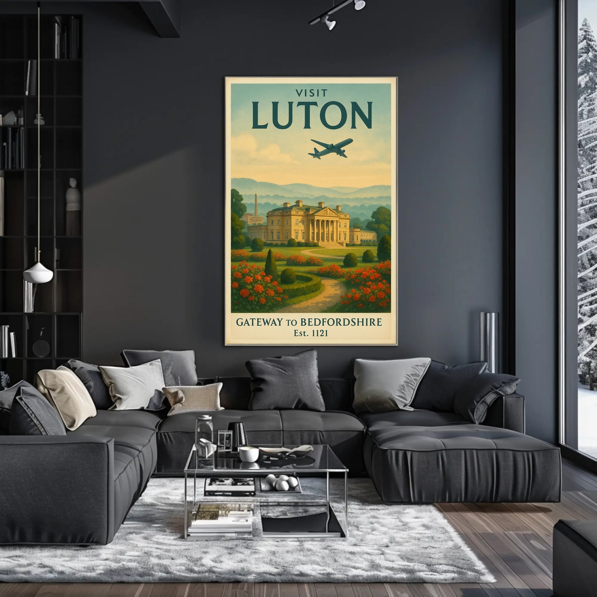 Luton Travel Poster with Vintage Mansion and Airplane Silhouette PosterGoat