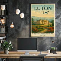 Luton Travel Poster with Vintage Mansion and Airplane Silhouette PosterGoat