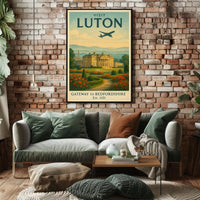 Luton Travel Poster with Vintage Mansion and Airplane Silhouette PosterGoat