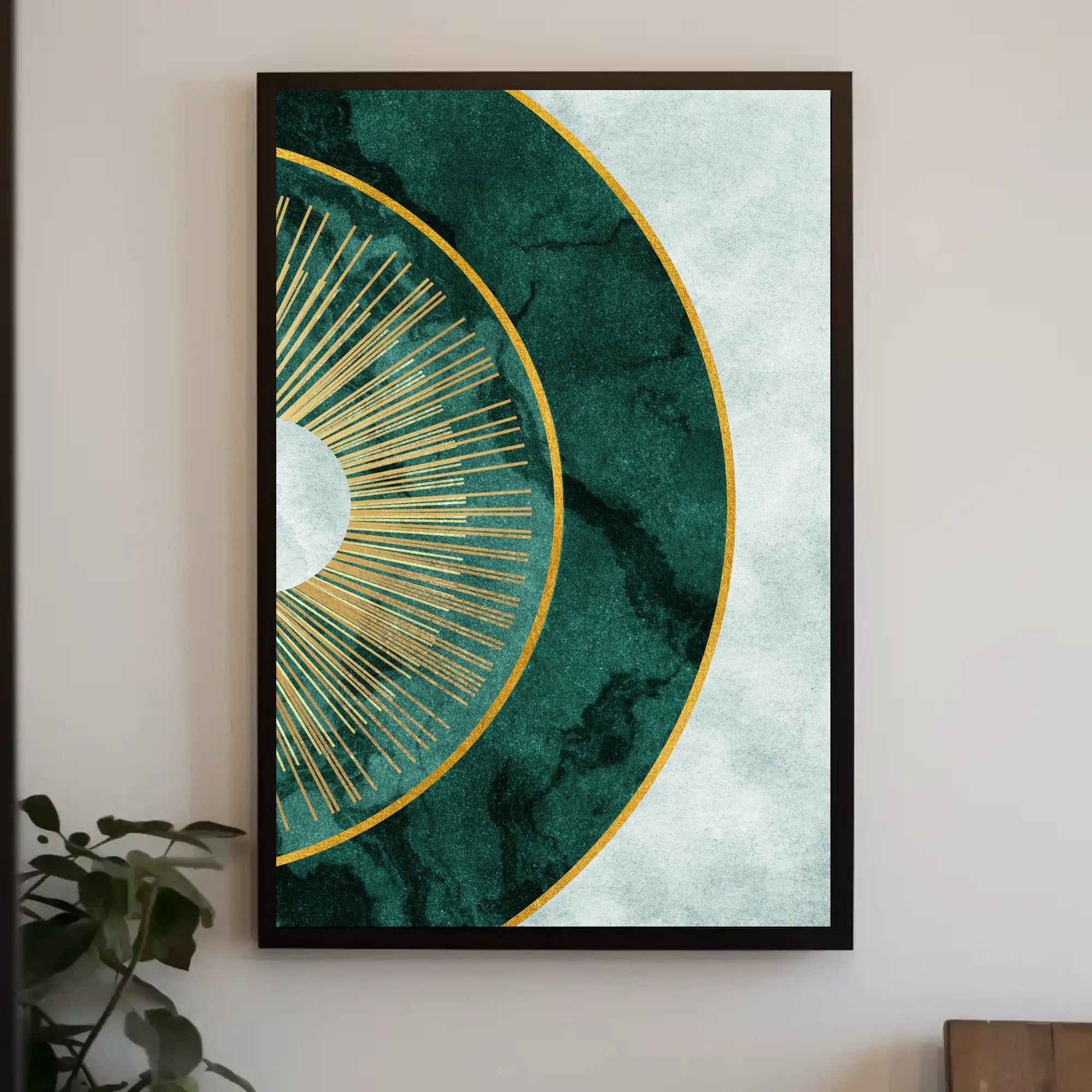 Luxurious Gold Sunburst Abstract on Green Artistic Poster PosterGoat