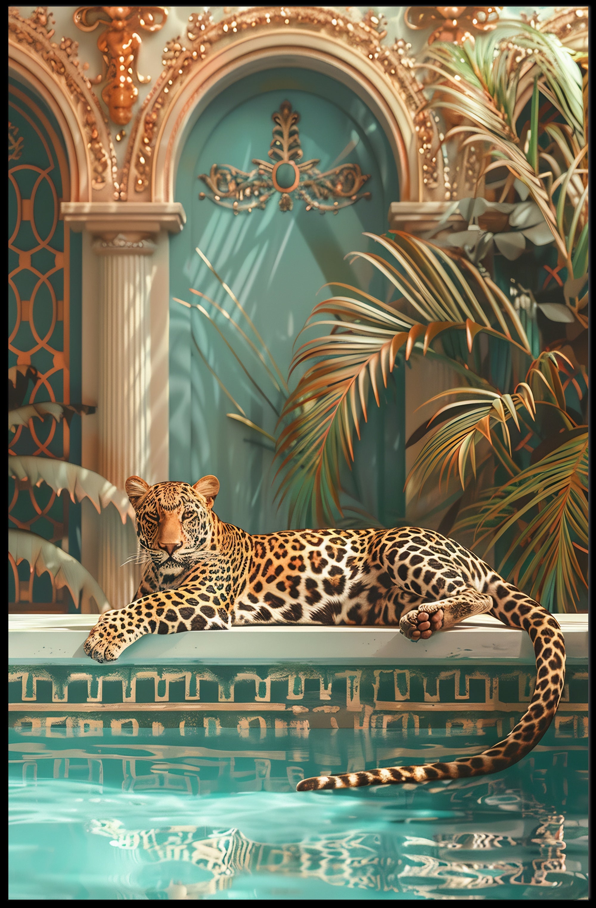 Luxurious Leopard by the Pool Animal Poster PosterGoat
