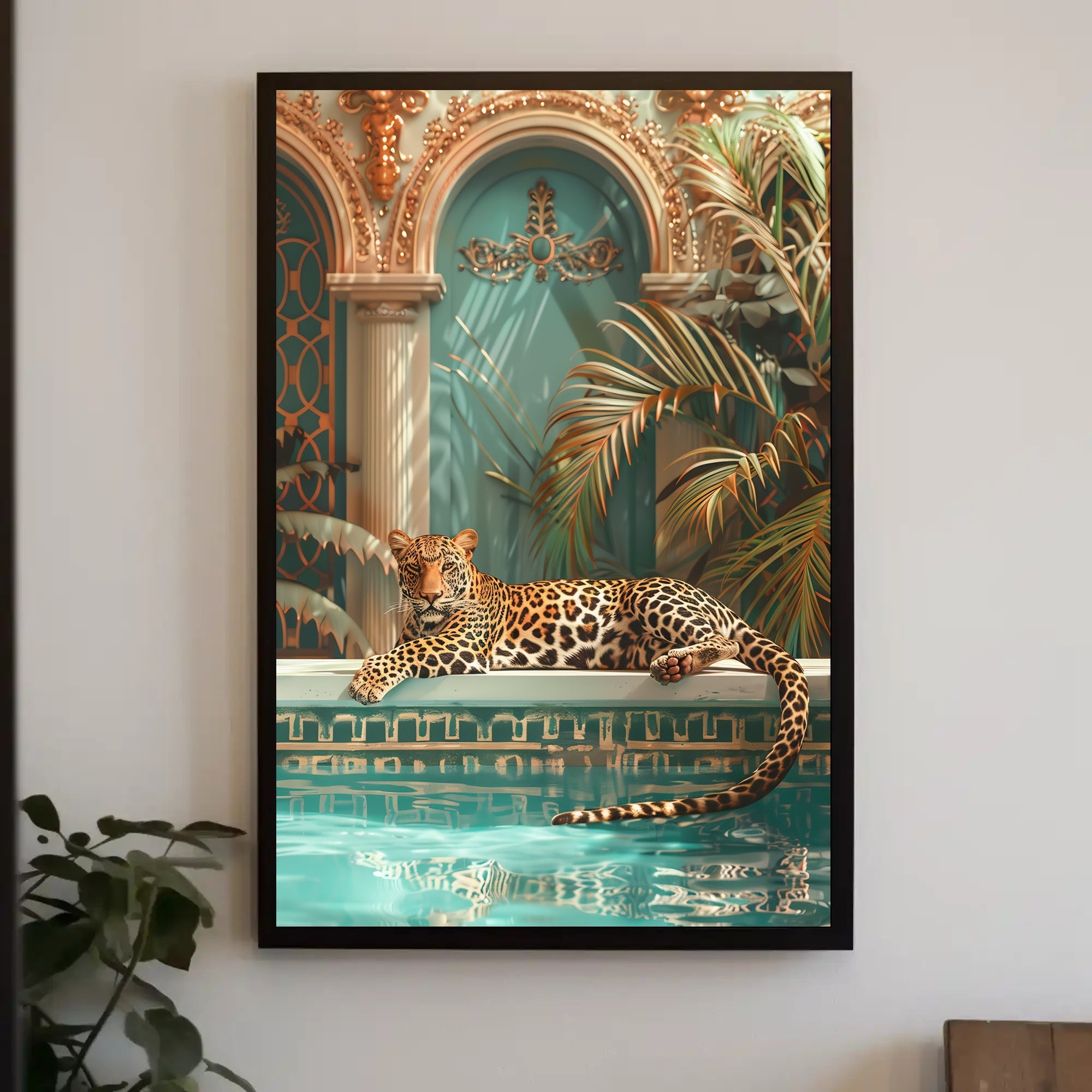 Luxurious Leopard by the Pool Animal Poster PosterGoat