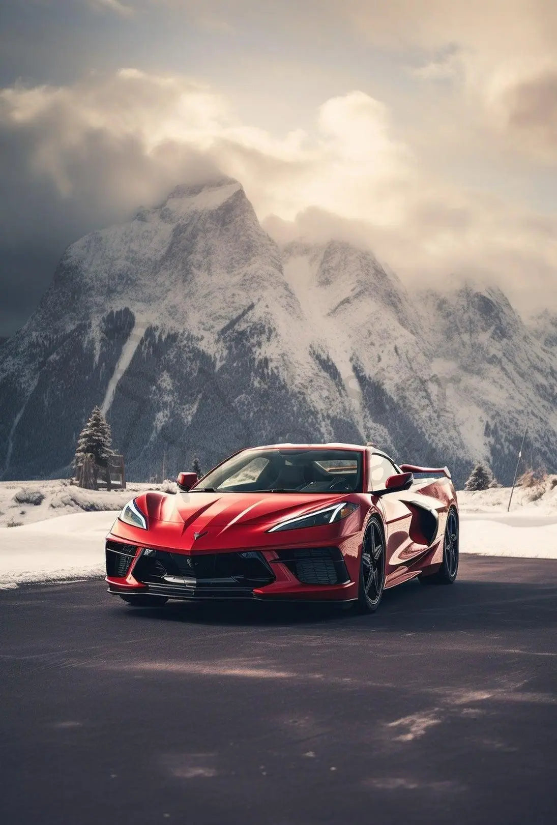 Luxury Sports Car Adventures in Snowy Mountains Poster PosterGoat