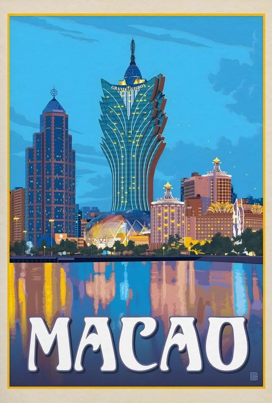 Macao Grand Lisboa Retro Cityscape Travel Poster PosterGoat