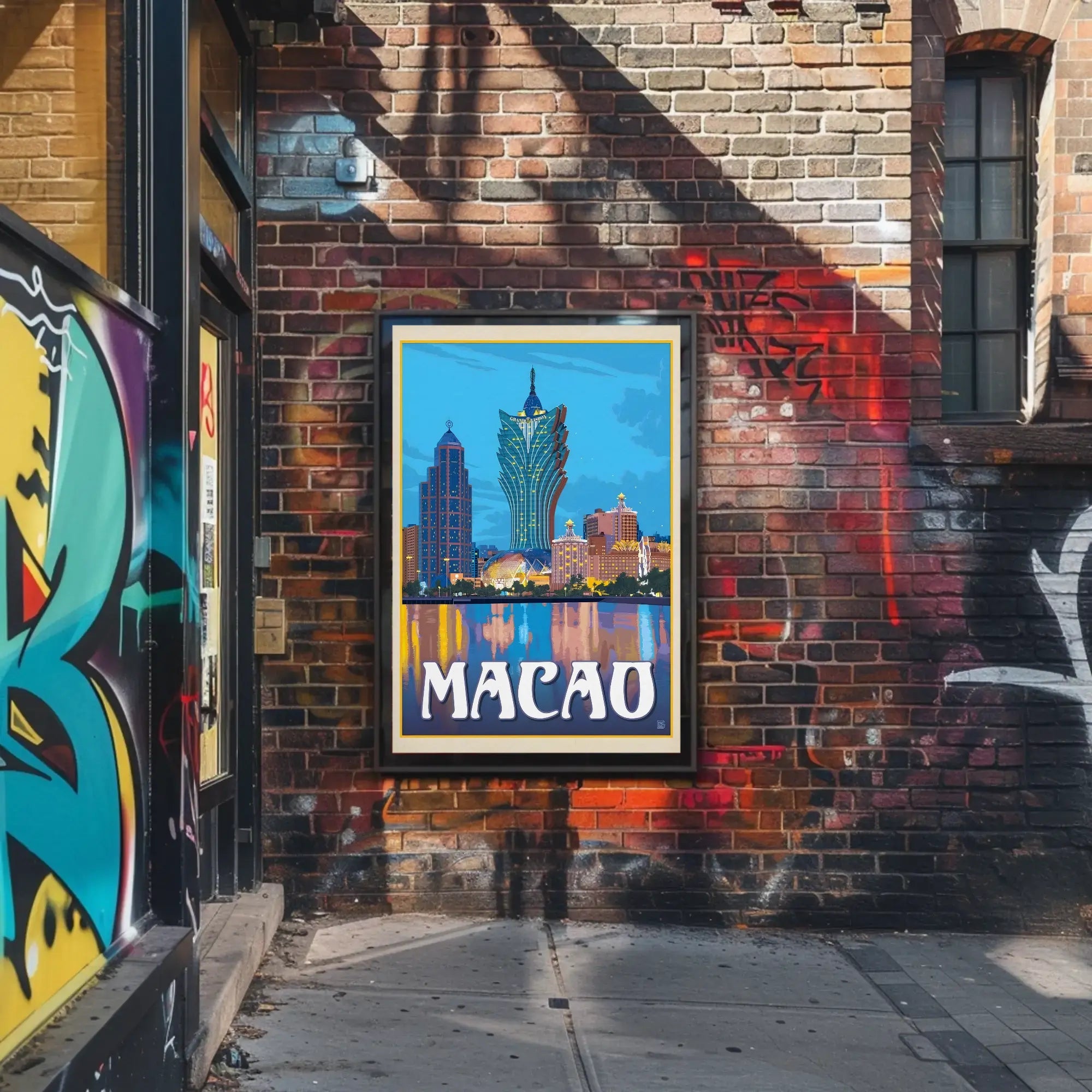 Macao Grand Lisboa Retro Cityscape Travel Poster PosterGoat