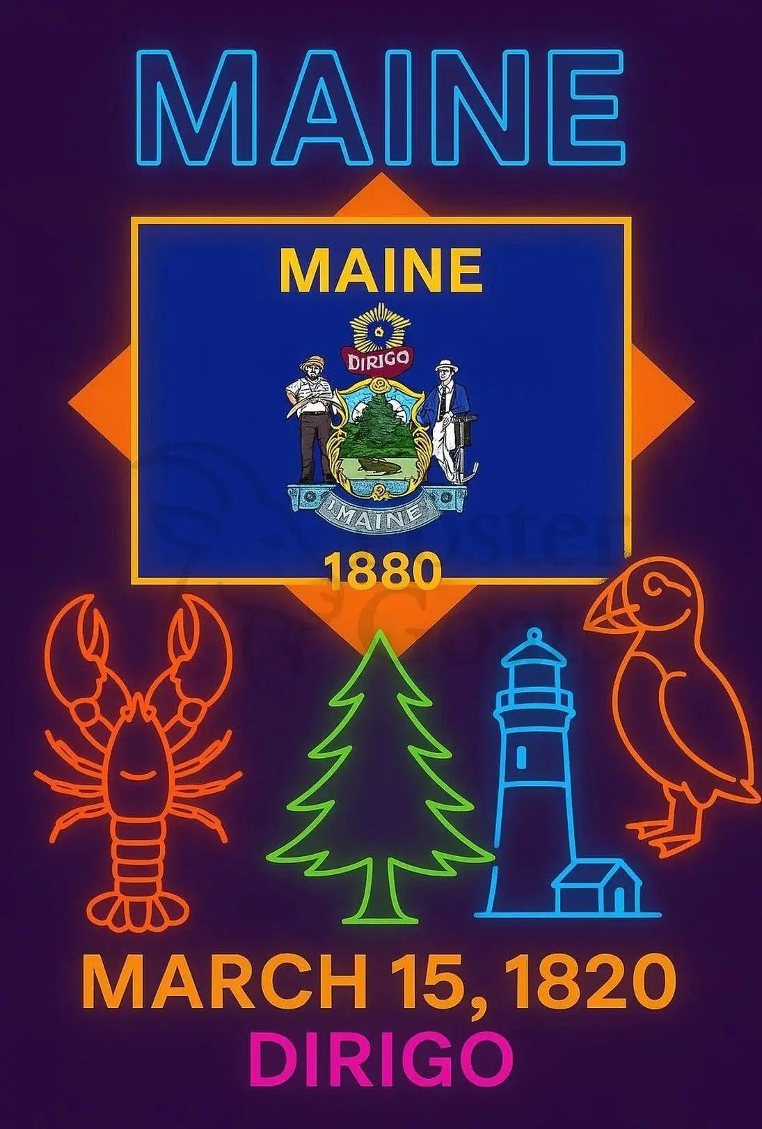 Maine Heritage Neon Tribute Poster - Cultural or Heritage Poster PosterGoat