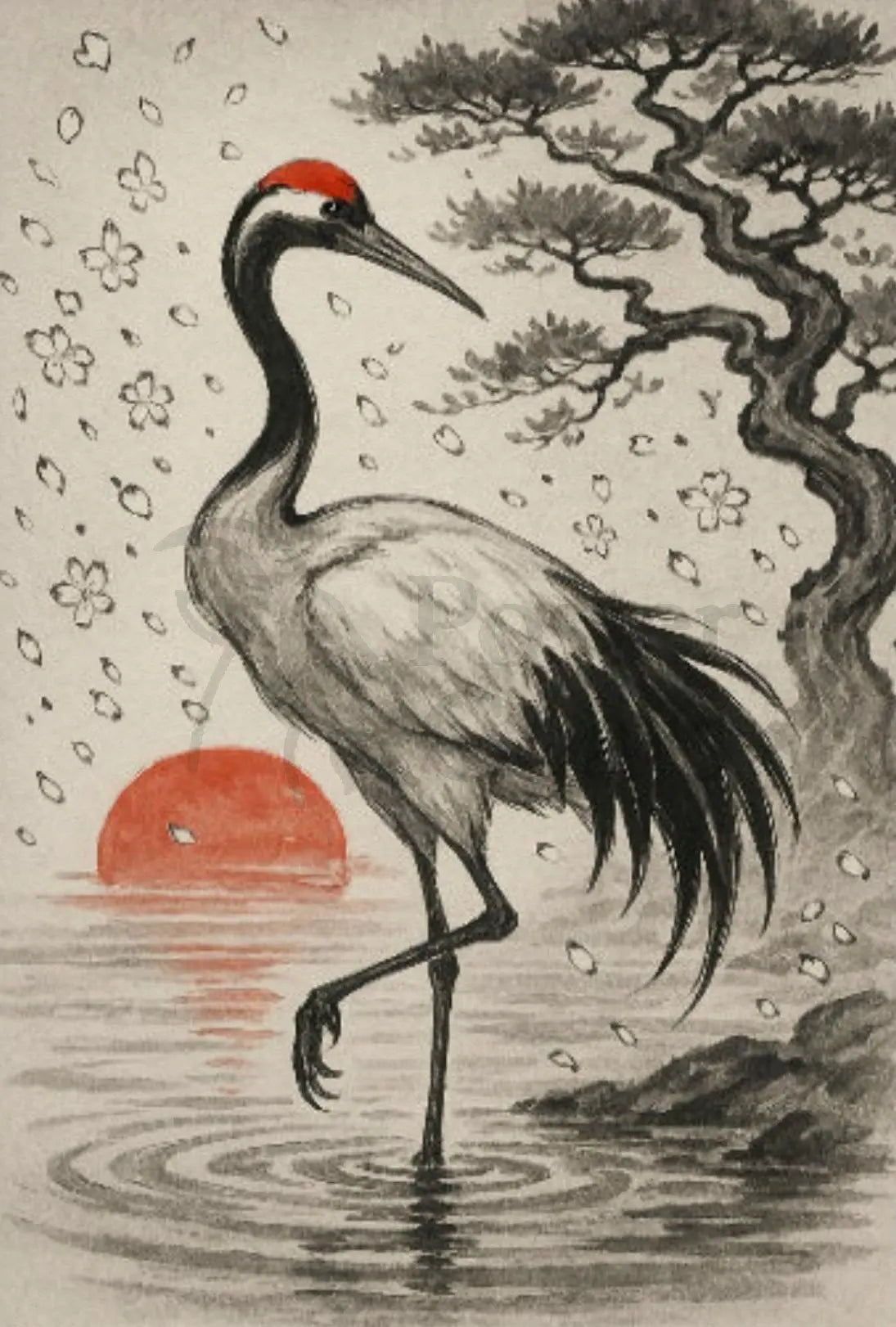Majestic Crane at Sunrise Japanese Heritage Poster PosterGoat