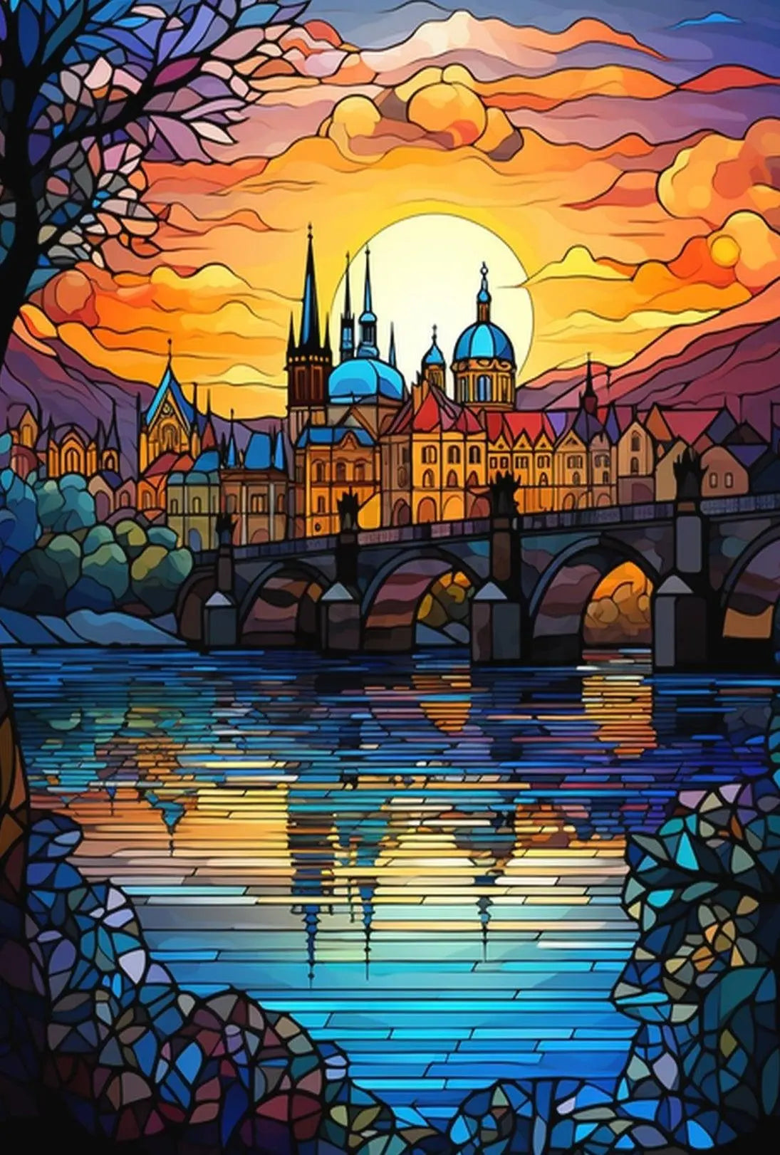 Majestic European Cityscape in Stained Glass Artistic Poster PosterGoat