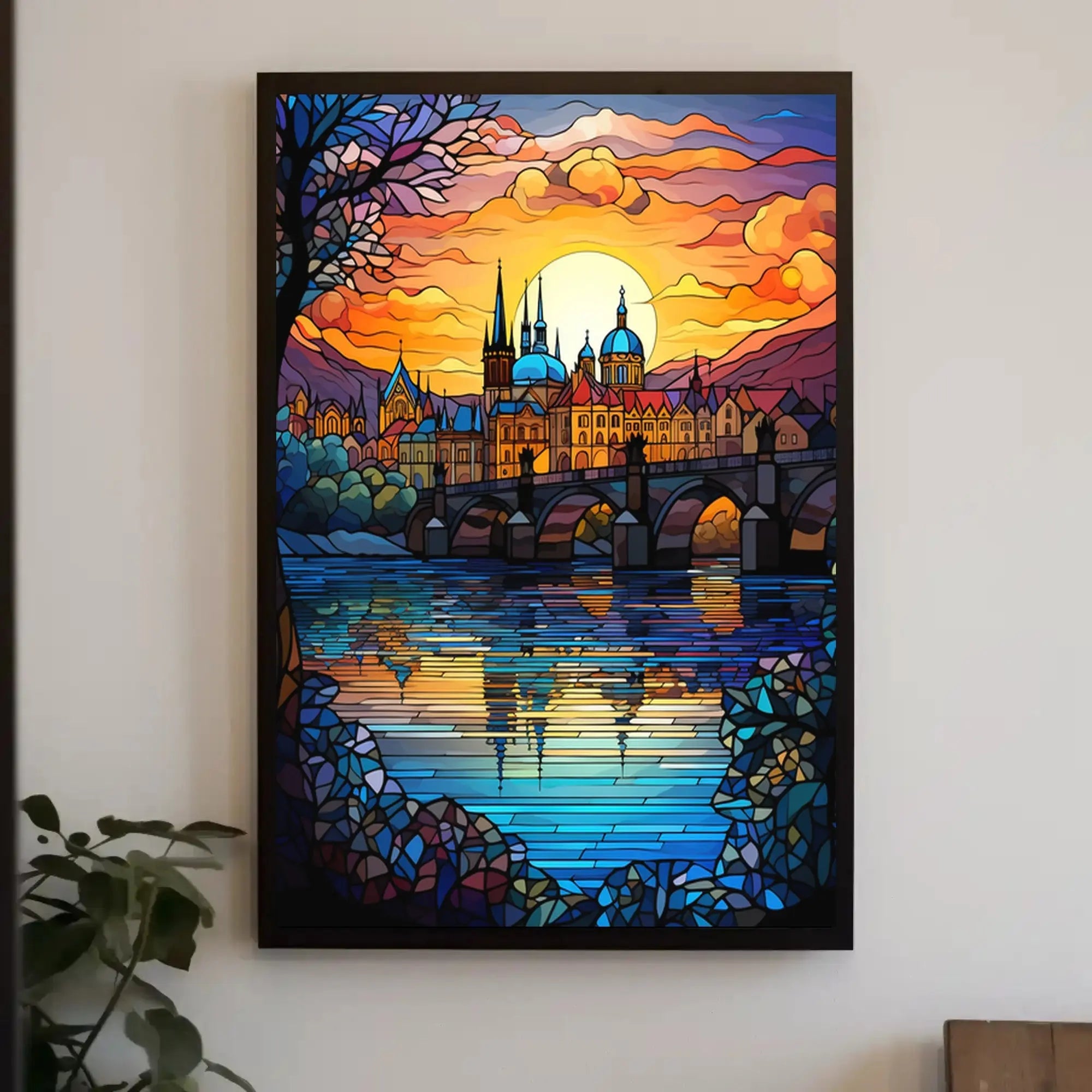Majestic European Cityscape in Stained Glass Artistic Poster PosterGoat