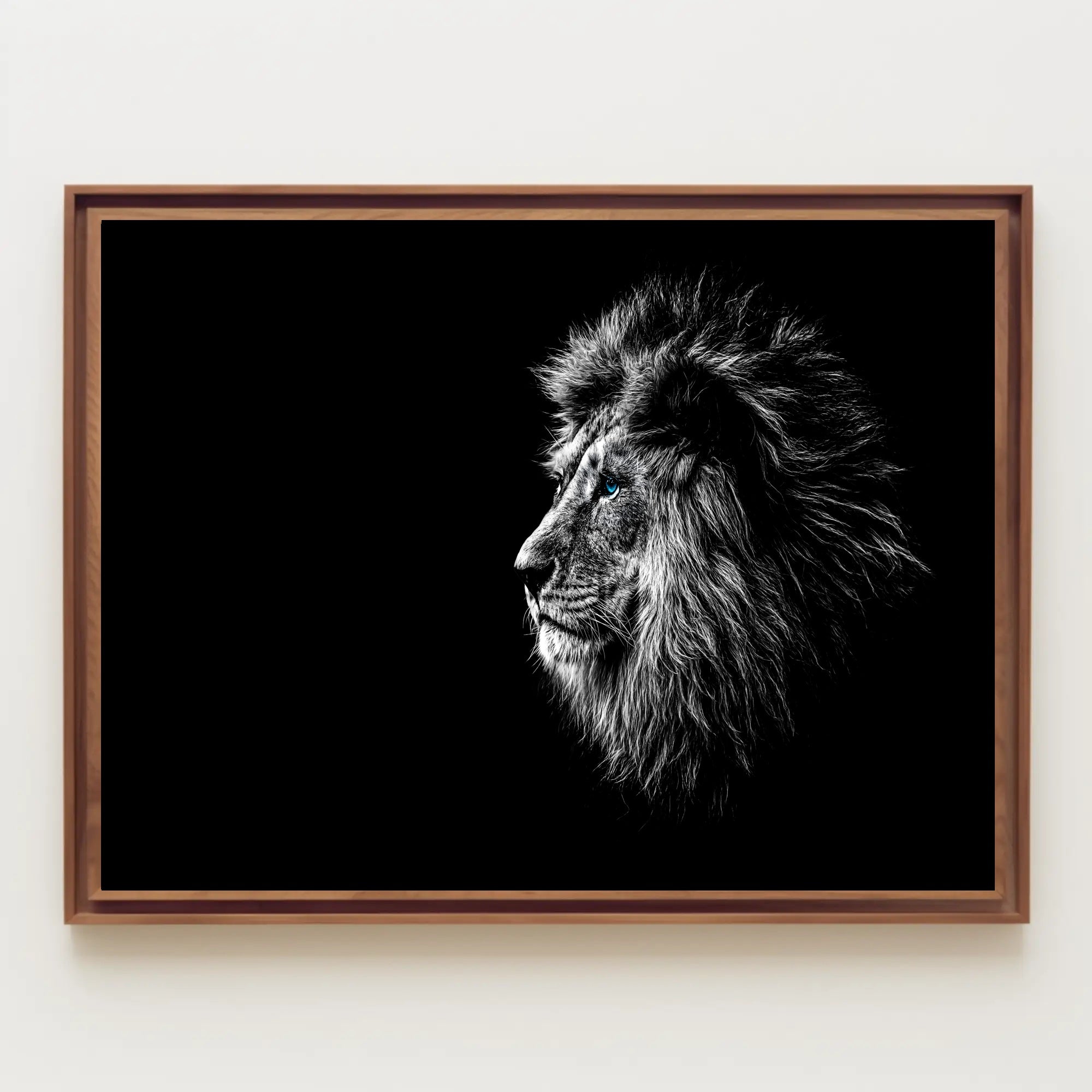 Majestic Lion Profile with Striking Blue Eyes Animal Poster PosterGoat