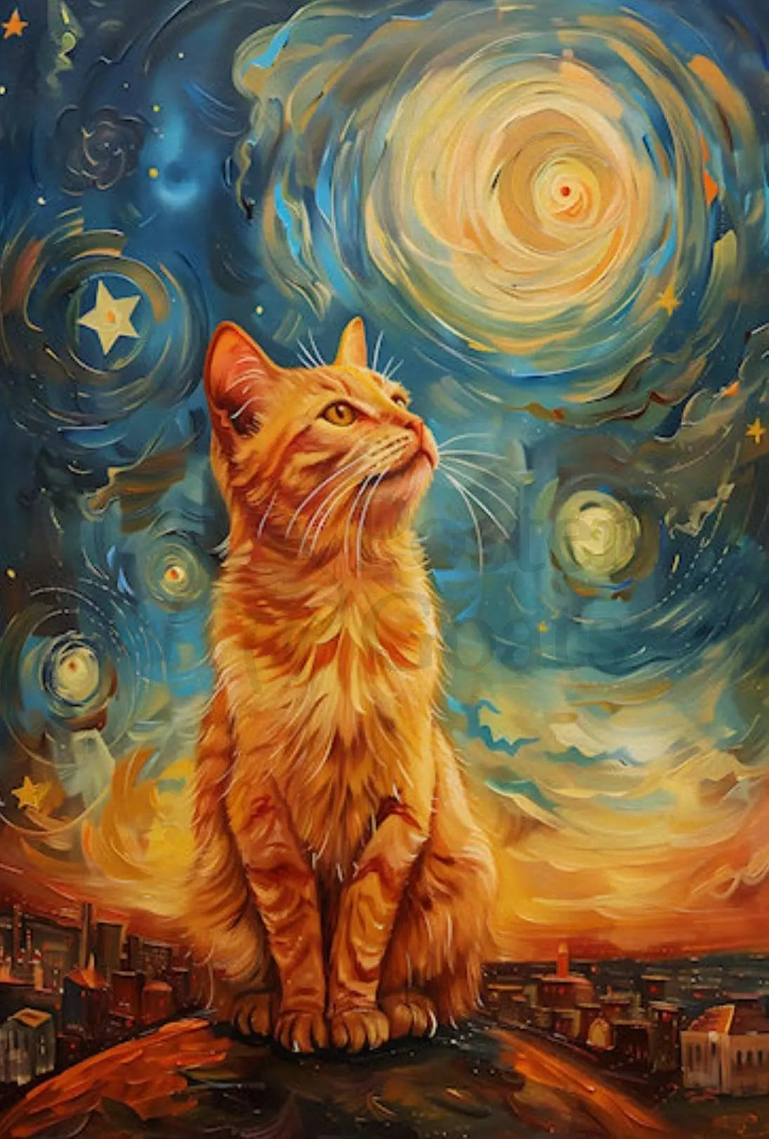 Majestic Orange Cat Over Starry Cityscape Artistic Poster PosterGoat