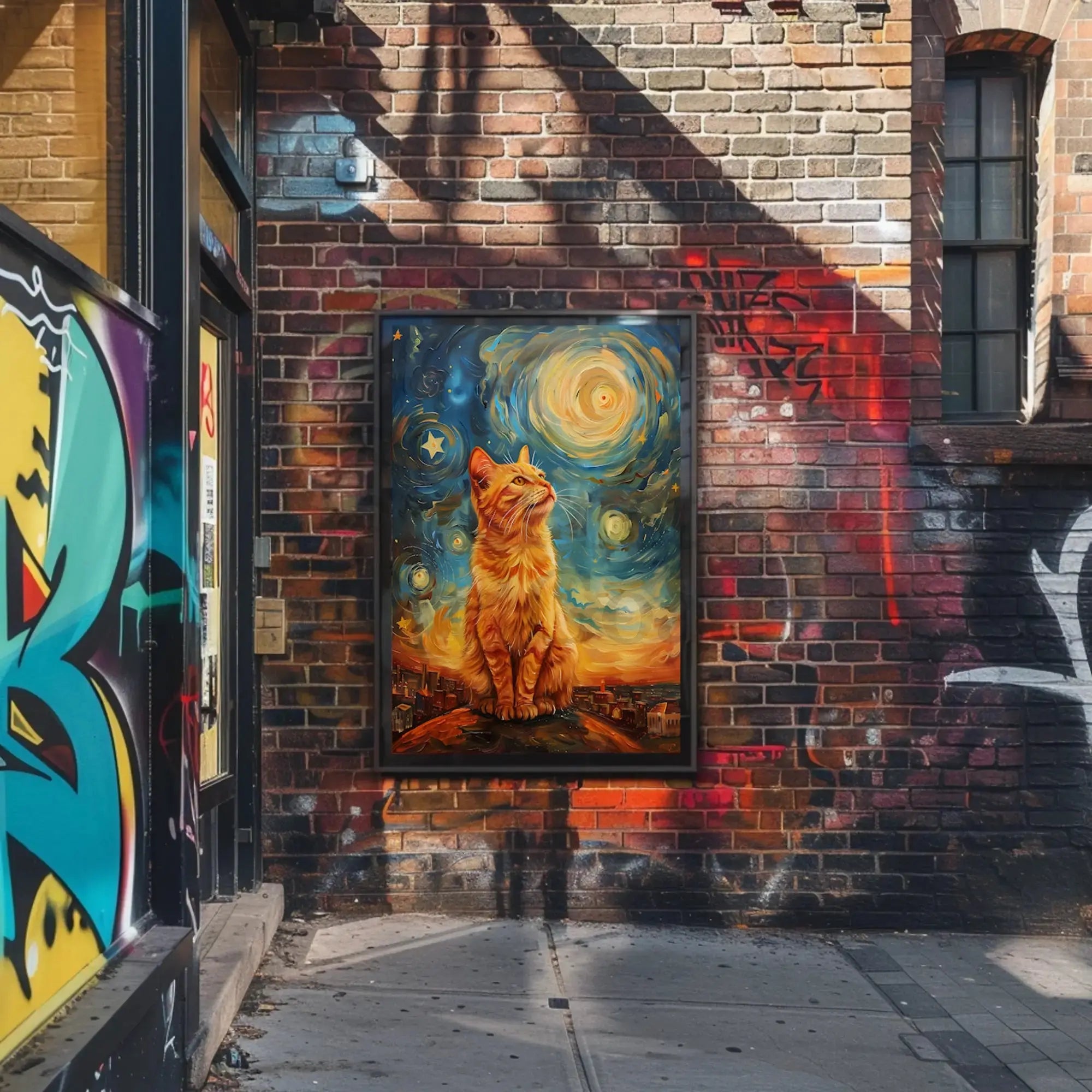 Majestic Orange Cat Over Starry Cityscape Artistic Poster PosterGoat