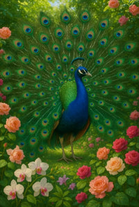 Majestic Peacock in Vibrant Garden Animal Poster PosterGoat