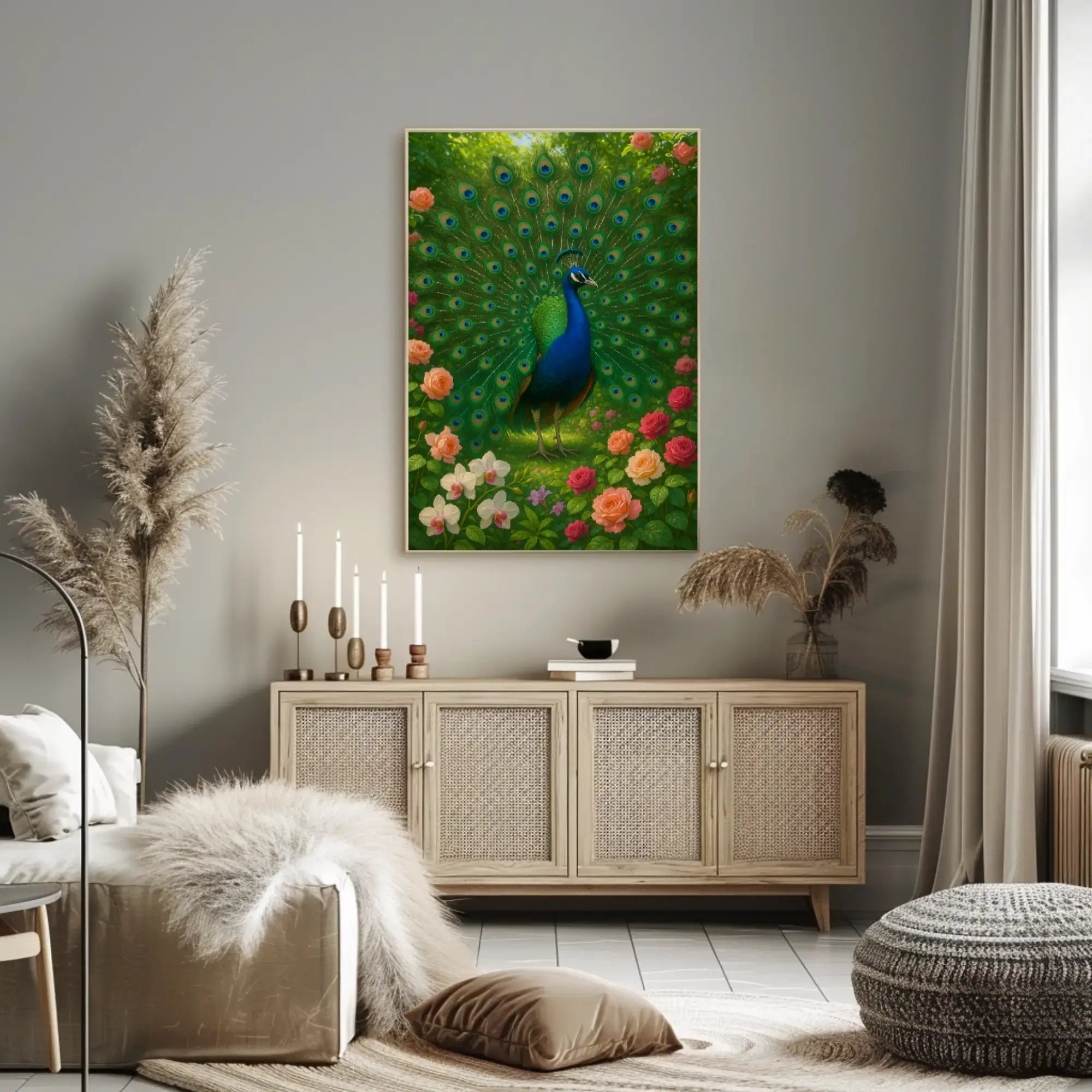 Majestic Peacock in Vibrant Garden Animal Poster PosterGoat