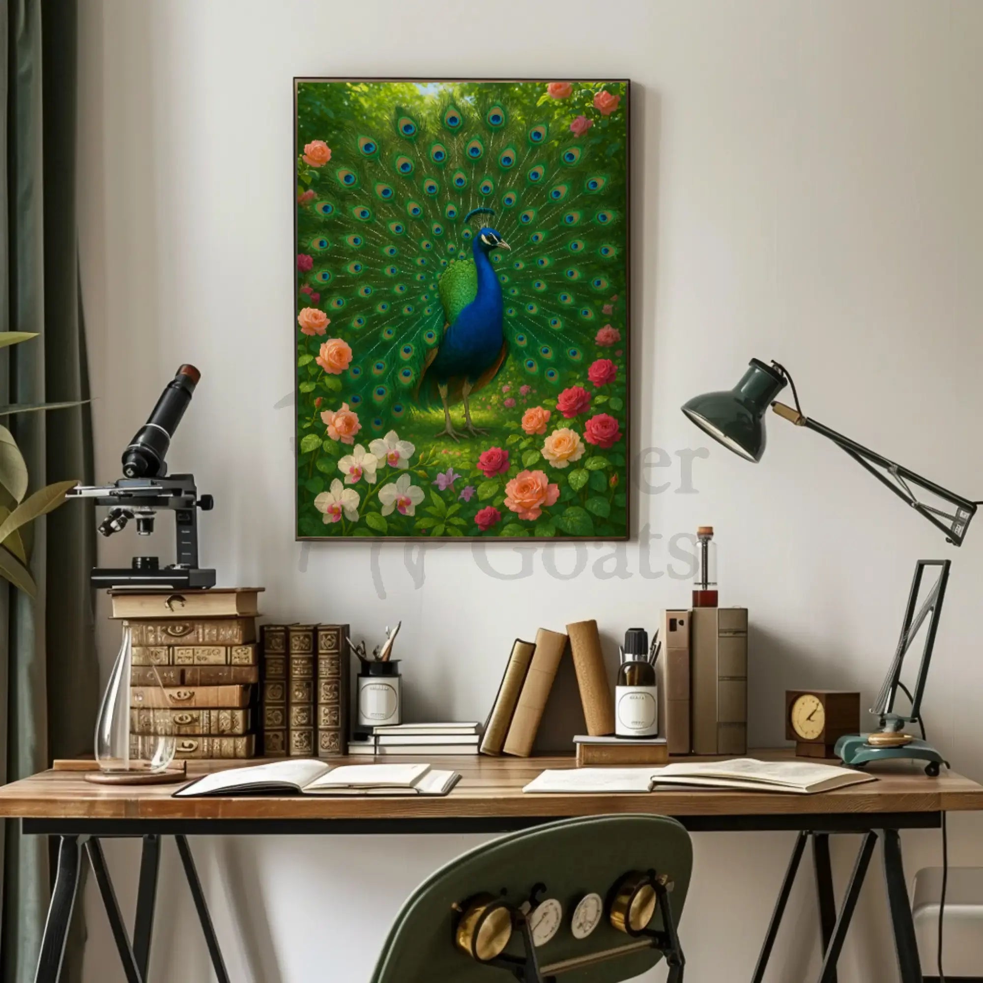 Majestic Peacock in Vibrant Garden Animal Poster PosterGoat
