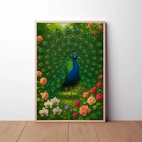 Majestic Peacock in Vibrant Garden Animal Poster PosterGoat