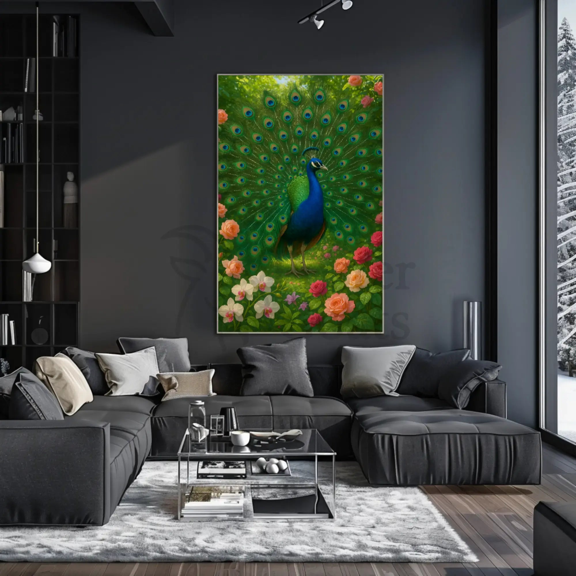 Majestic Peacock in Vibrant Garden Animal Poster PosterGoat