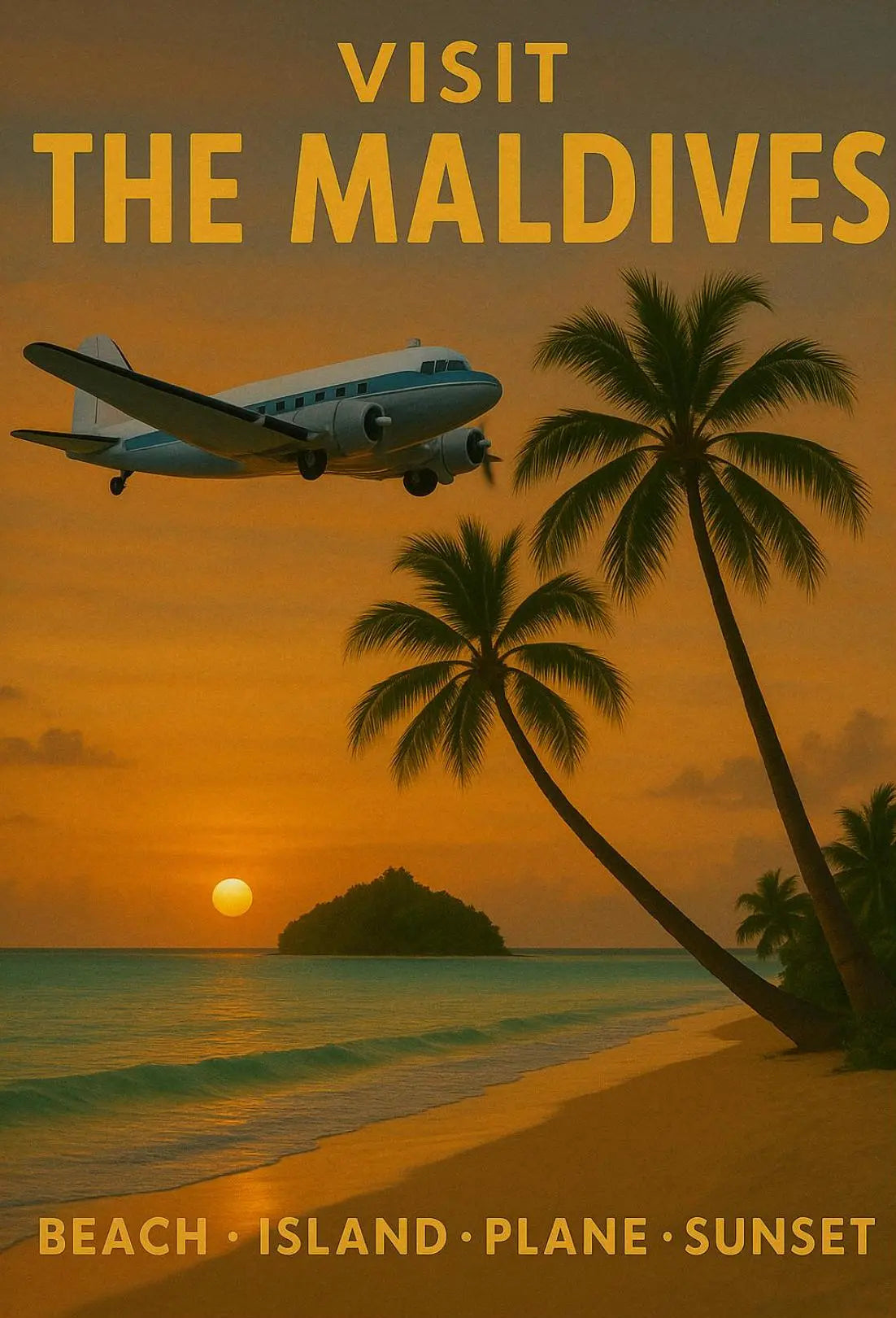Maldives Vintage Travel Advertisement: Tropical Sunset Poster PosterGoat