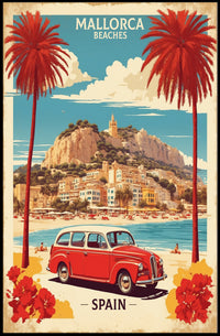 Mallorca Beach Scene with Vintage Car Travel Poster PosterGoat