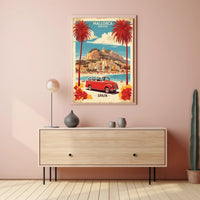Mallorca Beach Scene with Vintage Car Travel Poster PosterGoat