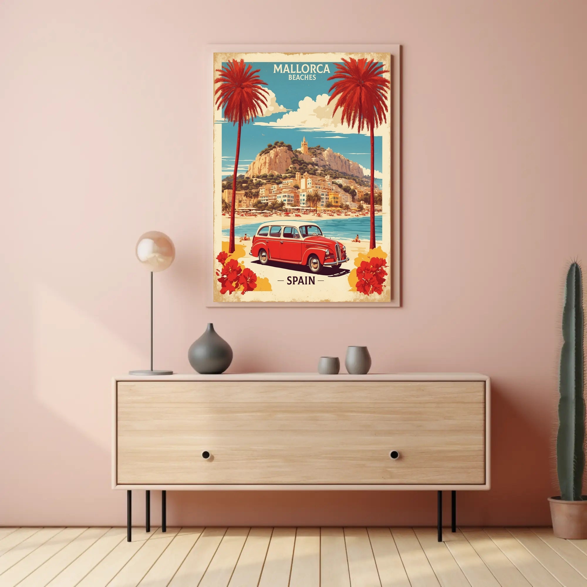 Mallorca Beach Scene with Vintage Car Travel Poster PosterGoat