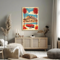 Mallorca Beach Scene with Vintage Car Travel Poster PosterGoat