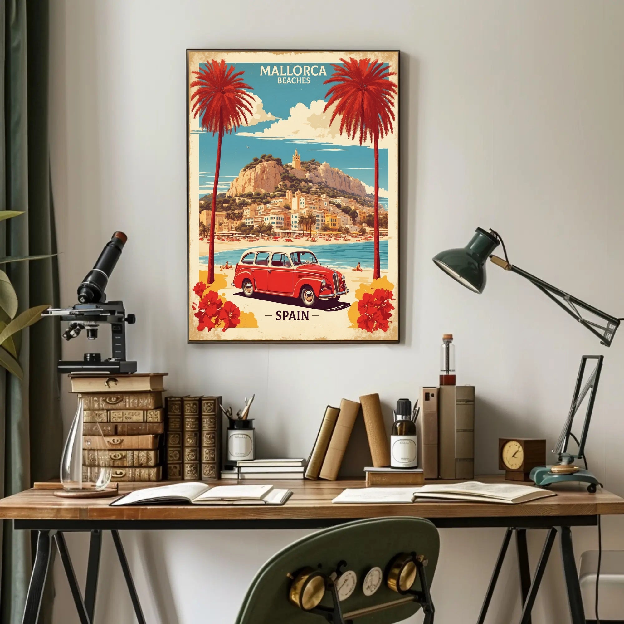 Mallorca Beach Scene with Vintage Car Travel Poster PosterGoat