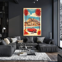 Mallorca Beach Scene with Vintage Car Travel Poster PosterGoat