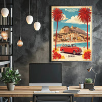 Mallorca Beach Scene with Vintage Car Travel Poster PosterGoat