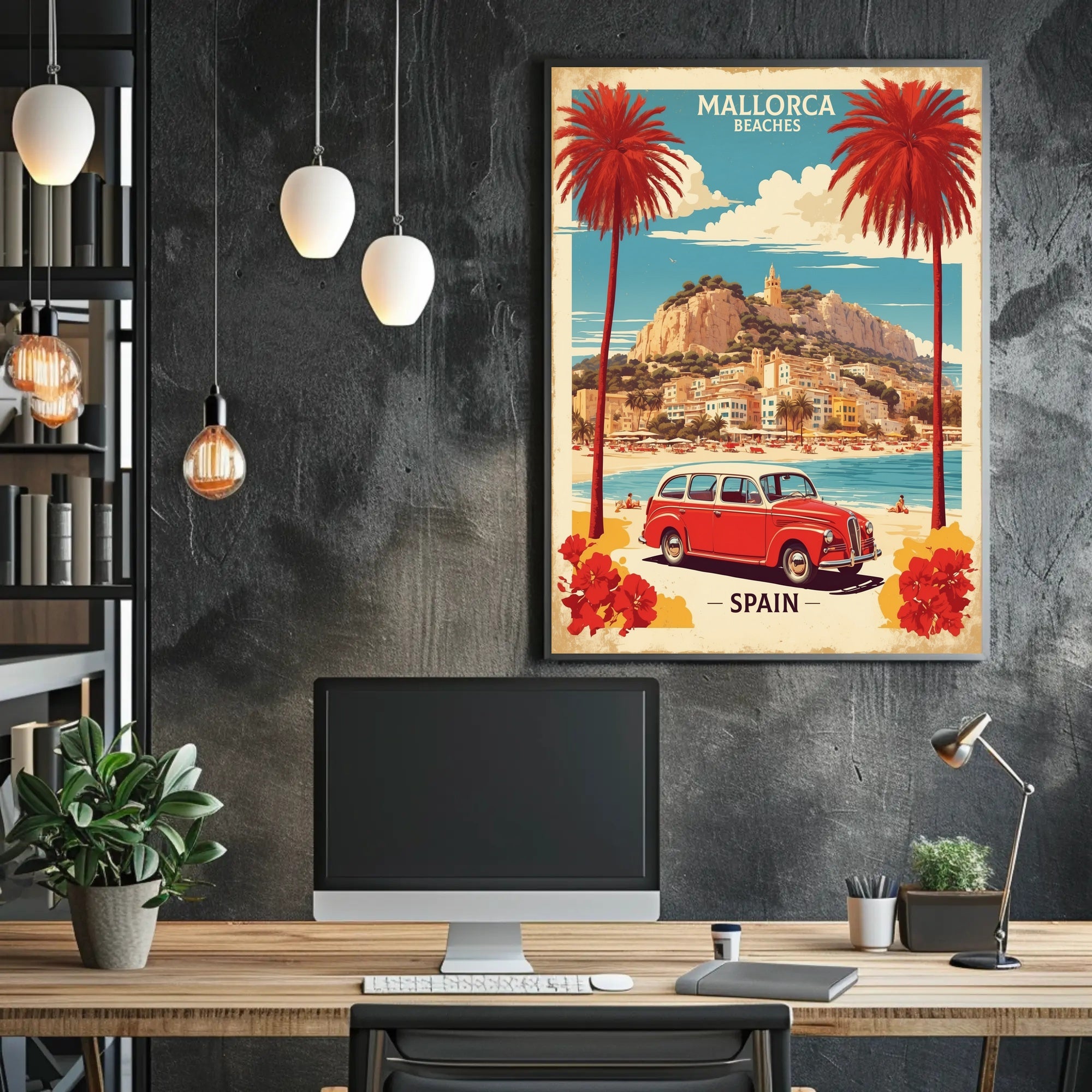 Mallorca Beach Scene with Vintage Car Travel Poster PosterGoat