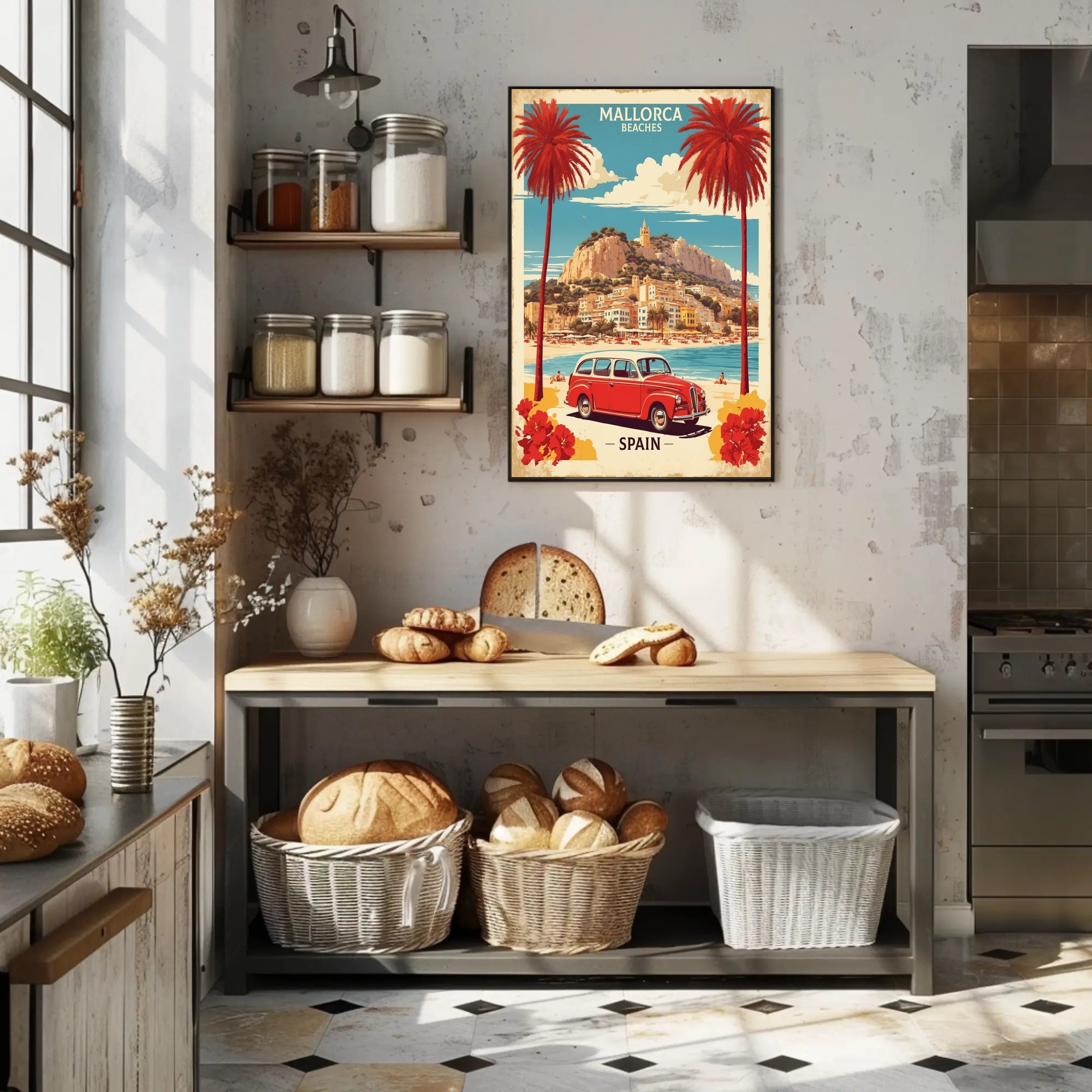 Mallorca Beach Scene with Vintage Car Travel Poster PosterGoat