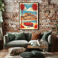 Mallorca Beach Scene with Vintage Car Travel Poster PosterGoat