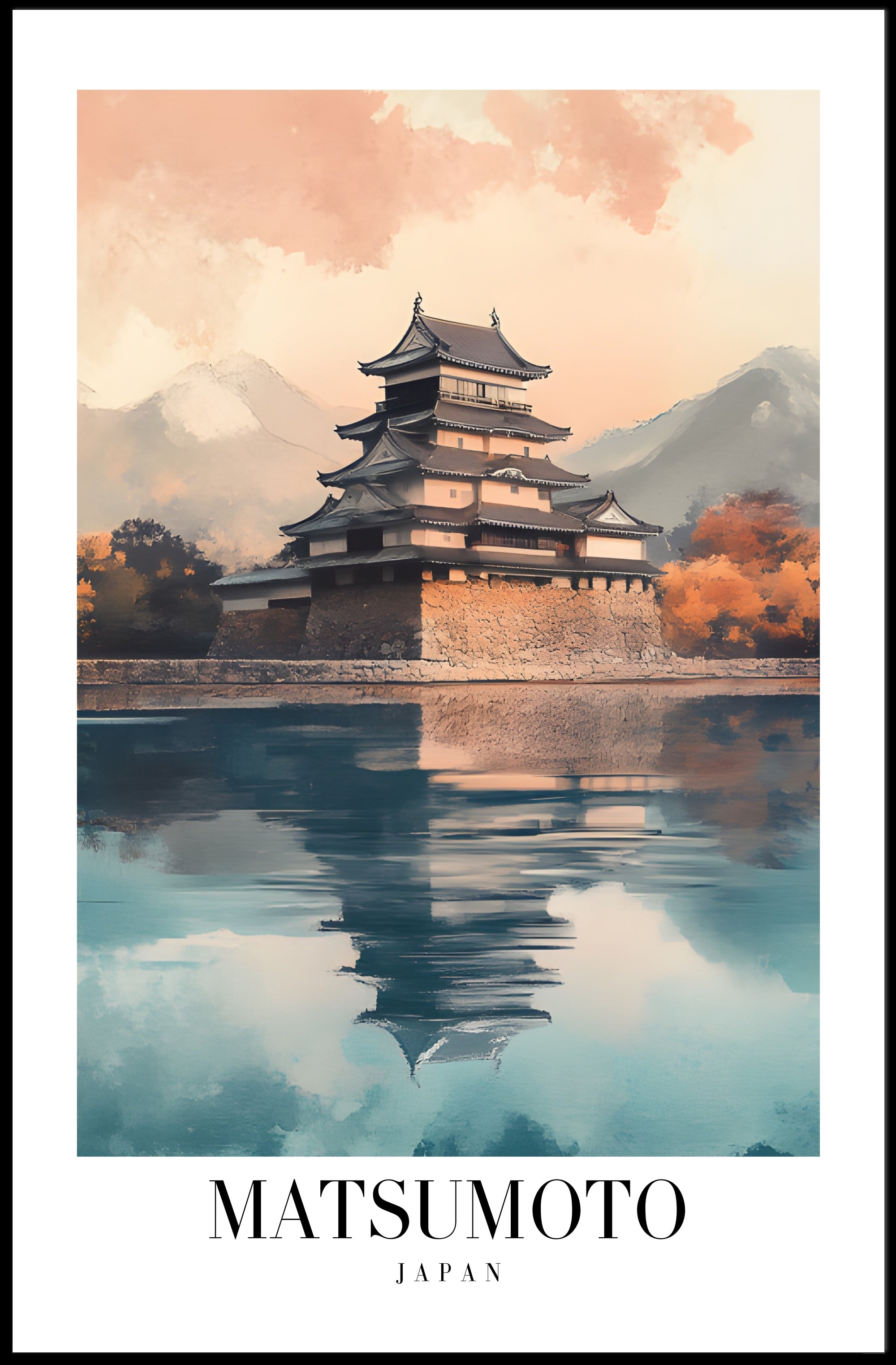 Matsumoto Castle Reflections: Photorealistic Travel Poster PosterGoat