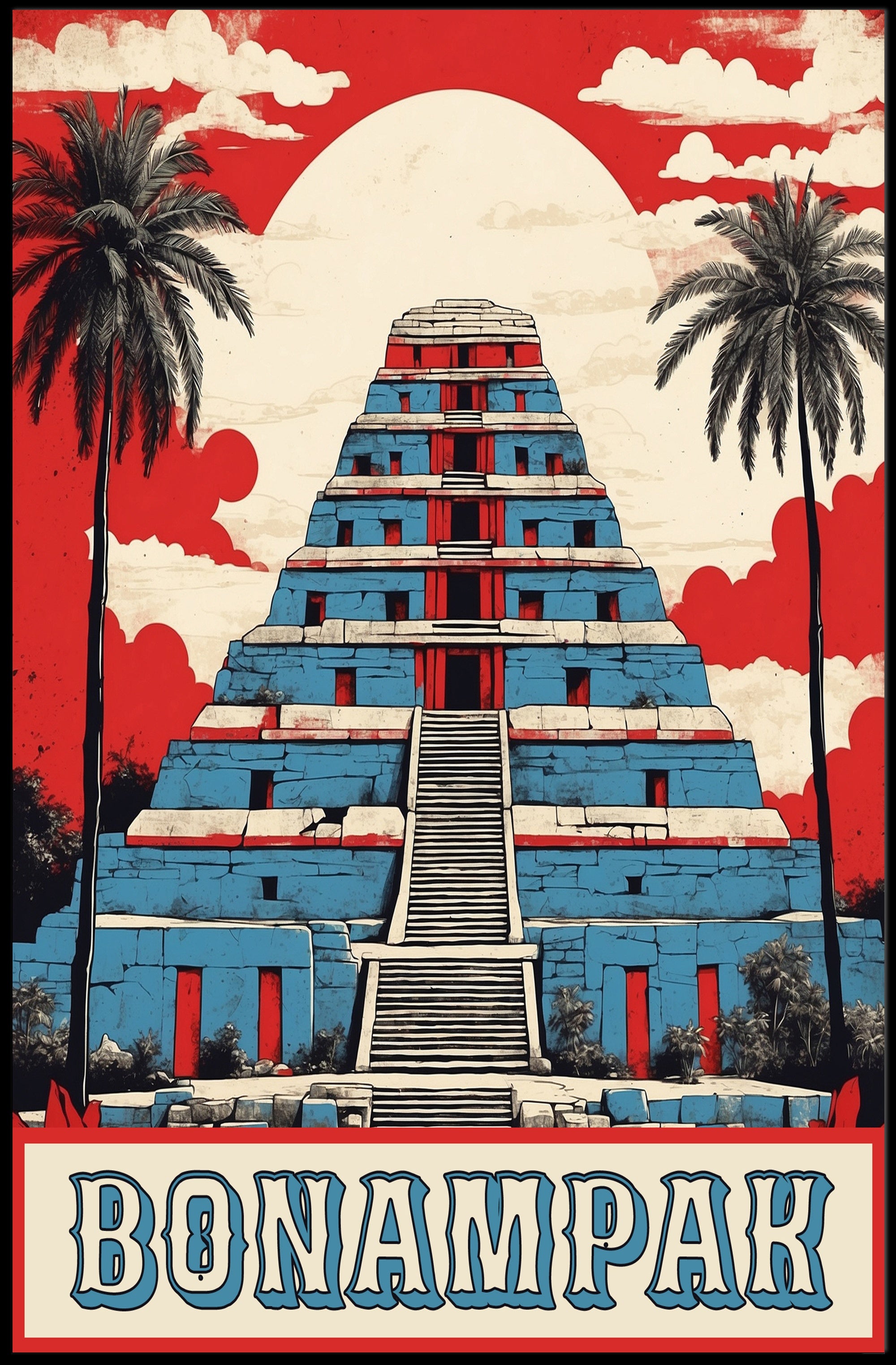 Mayan Pyramid Art Deco Tropical Scene Cultural or Heritage Poster PosterGoat
