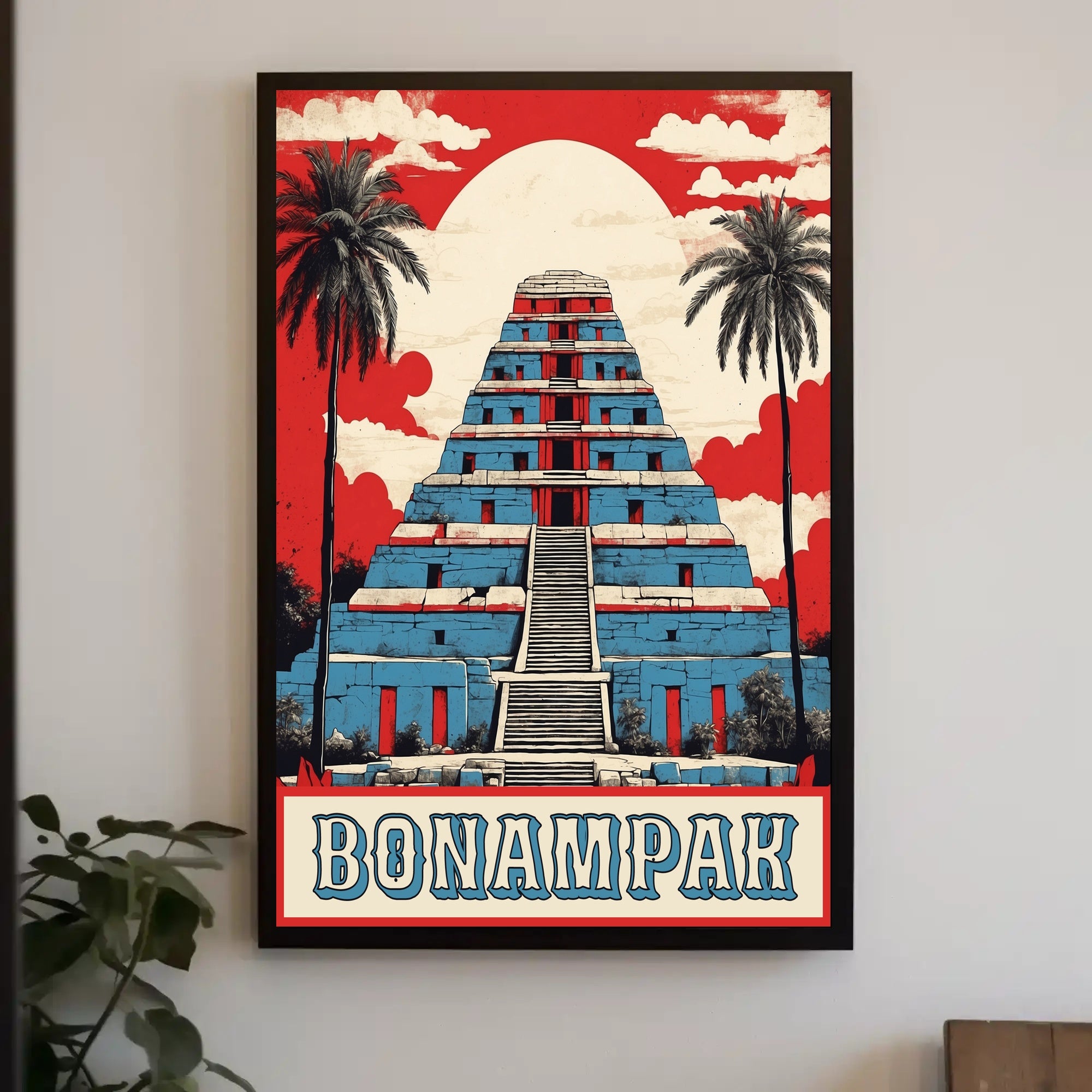 Mayan Pyramid Art Deco Tropical Scene Cultural or Heritage Poster PosterGoat
