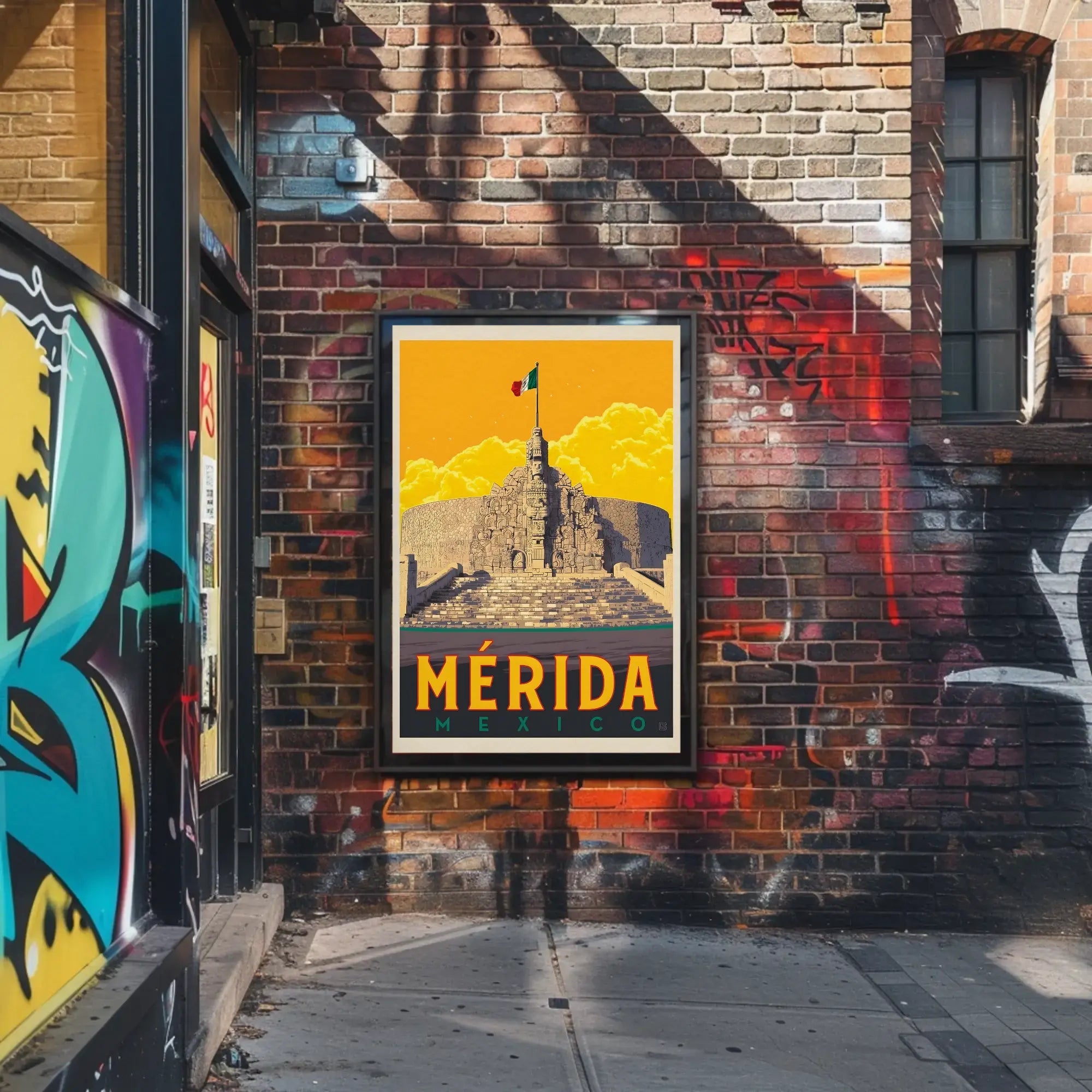 Mérida Monument with Mexican Flag Travel Poster PosterGoat