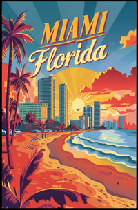Miami Beach Sunset Vintage Travel Poster PosterGoat