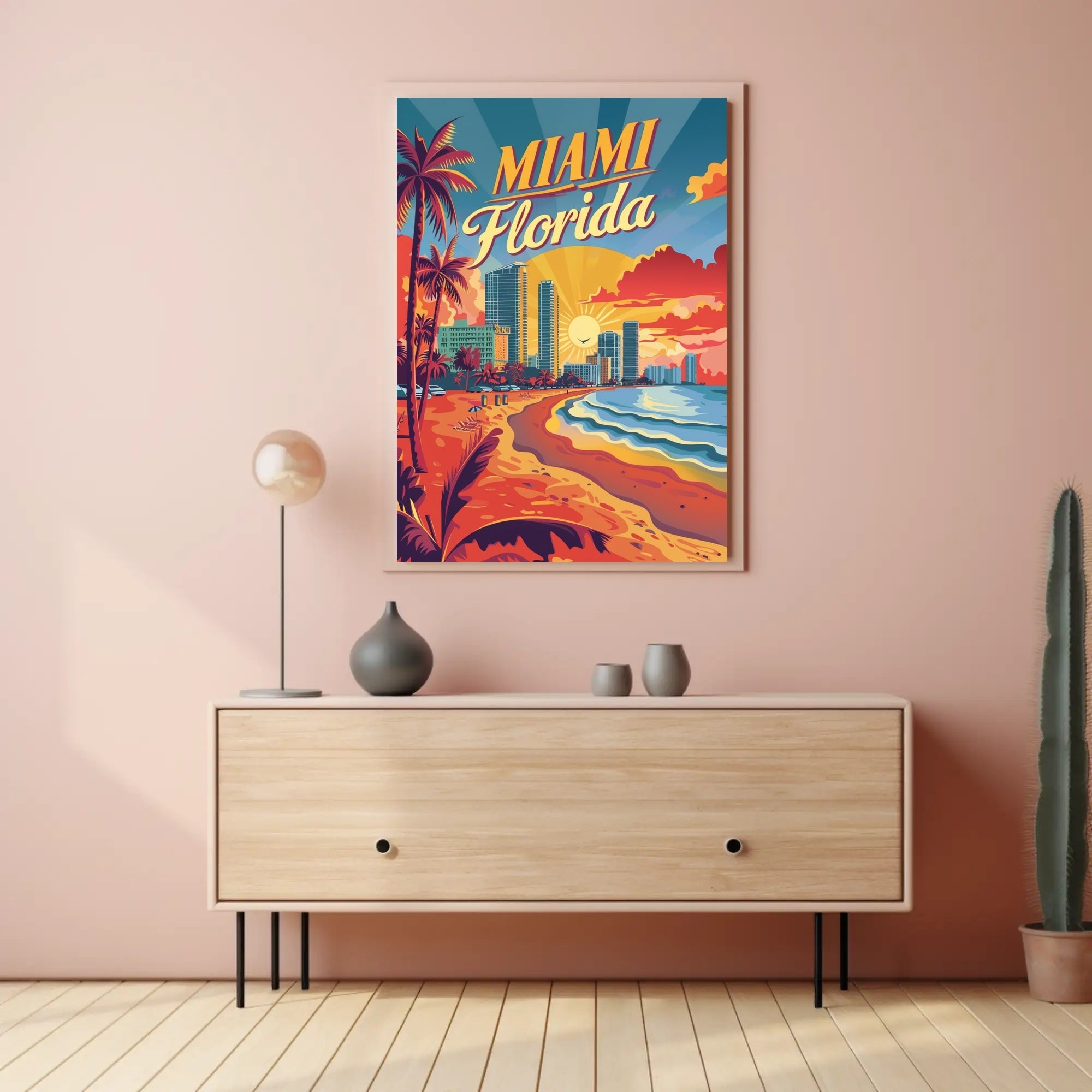 Miami Beach Sunset Vintage Travel Poster PosterGoat
