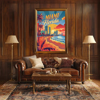 Miami Beach Sunset Vintage Travel Poster PosterGoat
