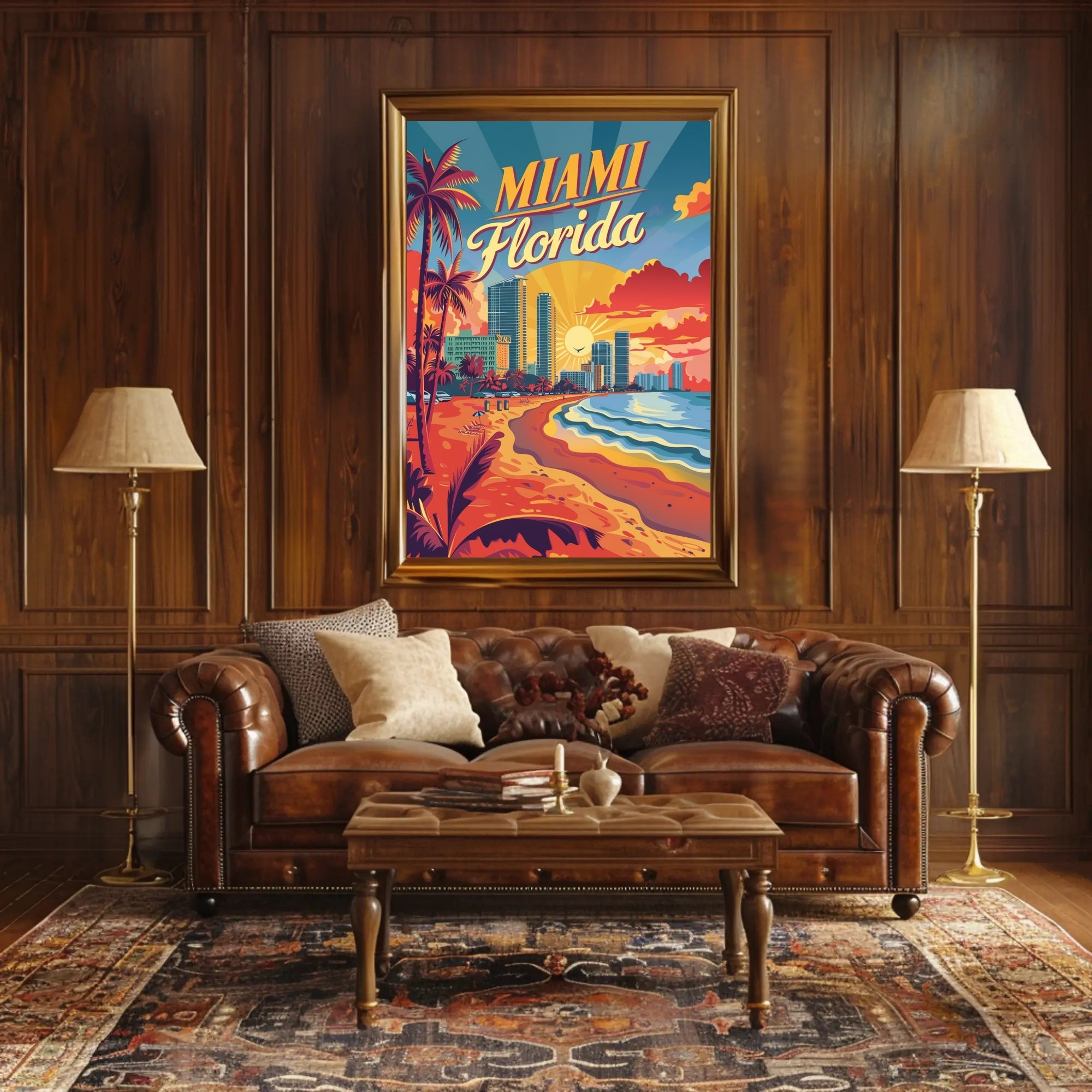 Miami Beach Sunset Vintage Travel Poster PosterGoat