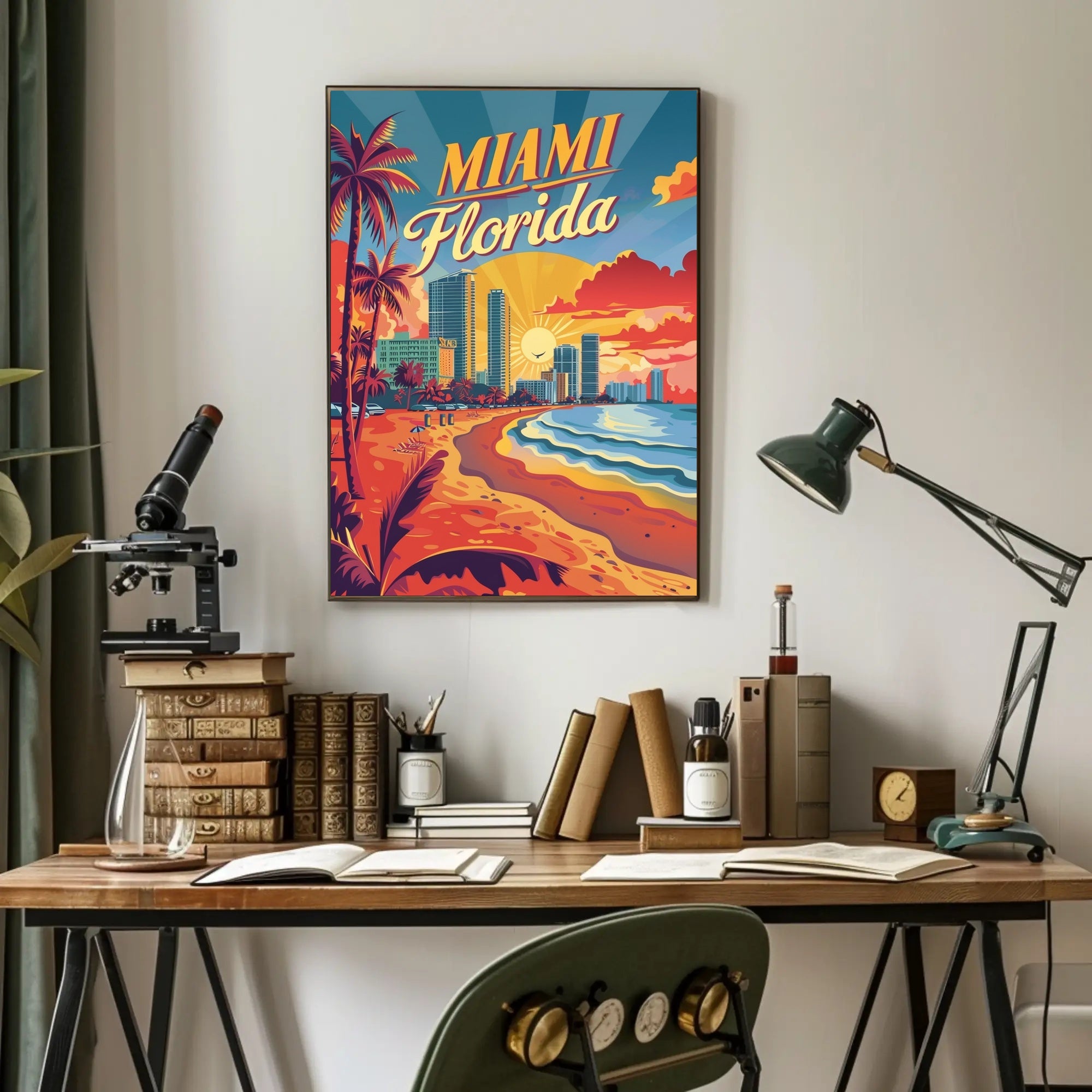 Miami Beach Sunset Vintage Travel Poster PosterGoat