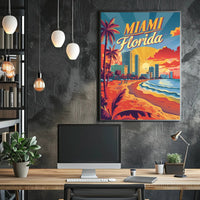 Miami Beach Sunset Vintage Travel Poster PosterGoat