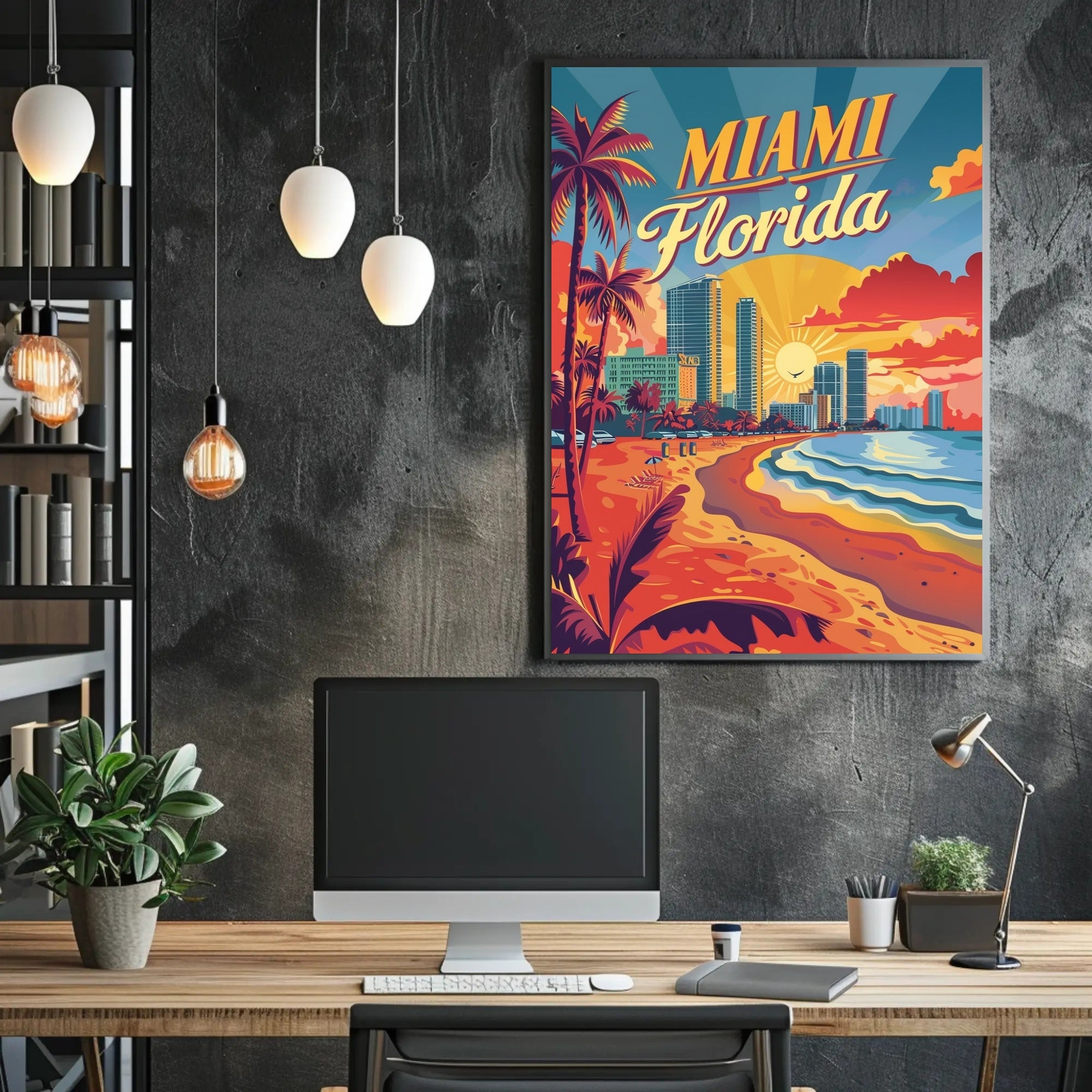 Miami Beach Sunset Vintage Travel Poster PosterGoat