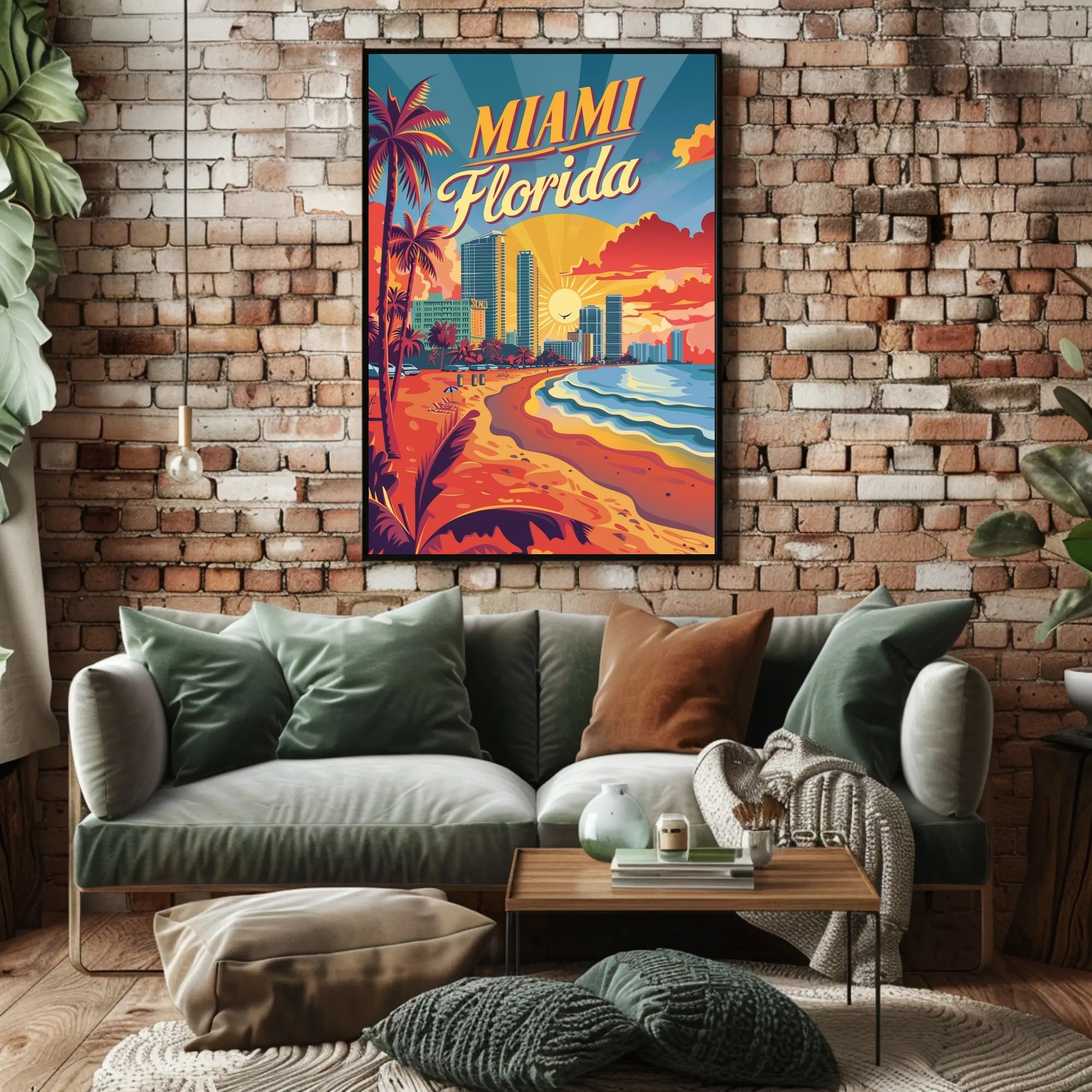 Miami Beach Sunset Vintage Travel Poster PosterGoat